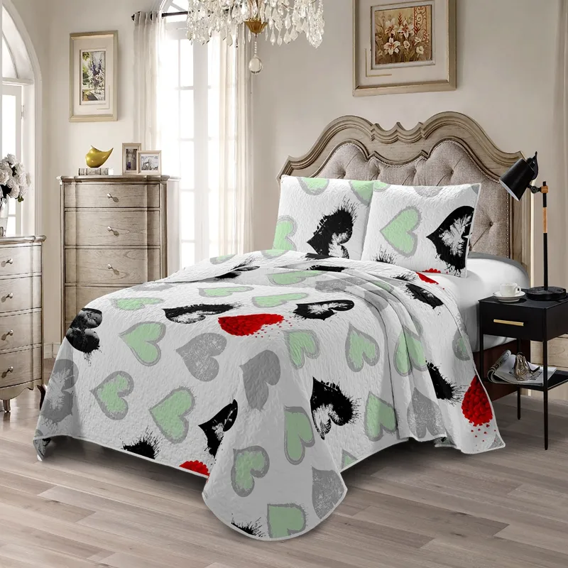 Modern Heart Printed Soft Home Cover King Size Bedspreads Set Full Ultrasonic Bedding Sets