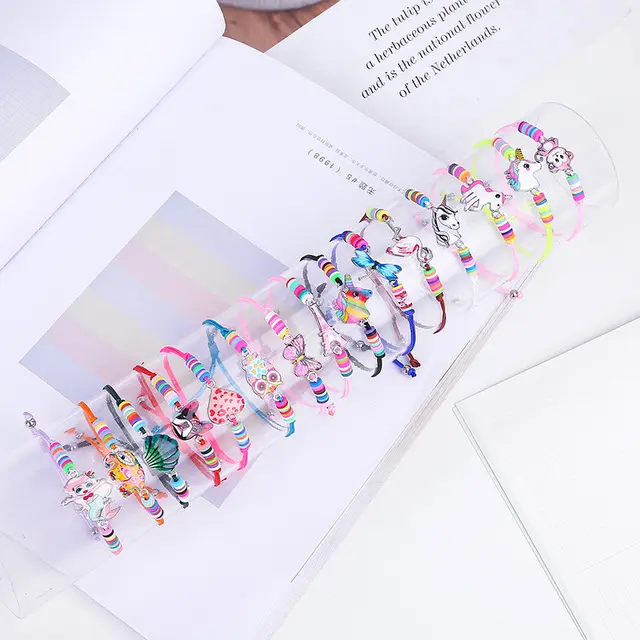 Bracelet tressé mignon pour enfants, bijou créatif fait à la main avec des animaux de dessin animé licorne coloré, ajustable, vente en gros,