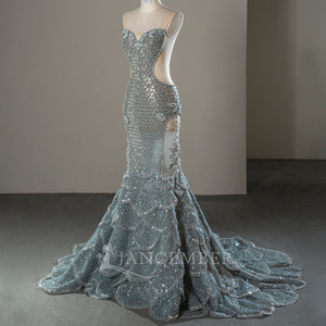 Robe de bal sirène plissée en mousseline bleue Sfy288 avec broderie, ornée de cristaux, strass et sequins pour soirée - Product Image 4