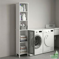 Meuble de rangement étroit et haut à trois étagères ouvertes avec porte à persiennes ventilée, autoportant, pour salon, buanderie, organisateur de espaces étroits, armoire