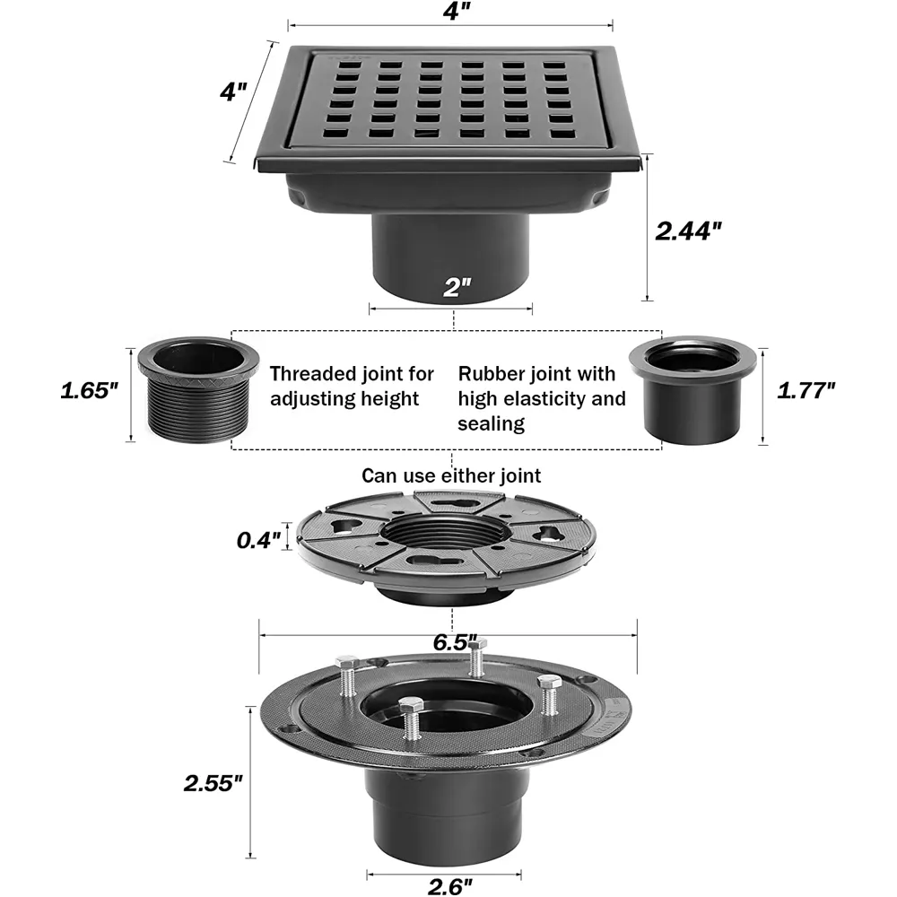 Shower Drain 4 Inch Square Shower Drain with Flange  Black Shower Drain Kit  SUS304 Stainless Steel Brushed Shower Floor Drain