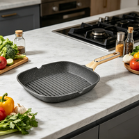 Poêle à griller carrée en aluminium moulé sous pression, revêtement antiadhésif granit sans PFOA, manche en bois, compatible induction, pour cuisson de steaks