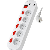 Prise de type français 5 voies, 16A, 230V~, avec protection enfant, interrupteurs individuels et interrupteur principal