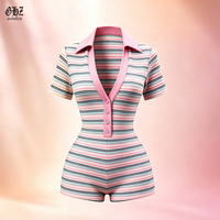 Combinaison courte rayée à manches courtes pour femme, col polo, col en V, boutonnée, coupe ajustée, style bodycon, décontractée, été, une pièce, pour femmes