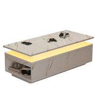 Table basse LED 47,2 pouces avec chargeur sans fil, haut-parleur Bluetooth, rangement, plateau en faux marbre blanc, meubles de salon