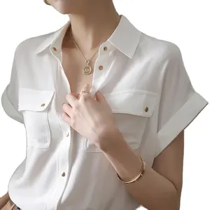 Bluzlar gömlek kadın kısa kollu Tops katı yaka cepler beyaz gömlek ofis bayan kore kadın 2024 yaz