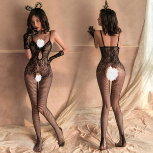 Lencería sexy <span class=keywords><strong>de</strong></span> encaje y malla, tanga con entrepierna abierta, medias transparentes, ropa <span class=keywords><strong>de</strong></span> una pieza, tentación, modelo <span class=keywords><strong>de</strong></span> seducción con escote en V profundo - Product Image 1