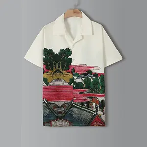 여름 망 인쇄 캠프 칼라 통기성 느슨한 하와이 망 버튼 다운 셔츠