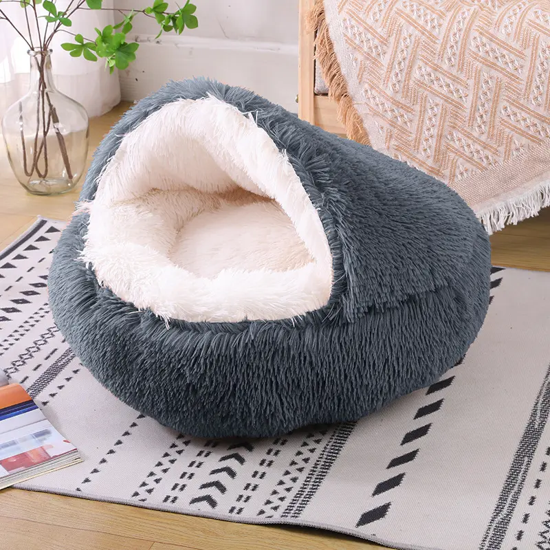 Donut redondo acogedor felpa mullido gris claro cueva cama gatos portátil extraíble Shell forma de caracola mascota gato perro cueva camas para dormir