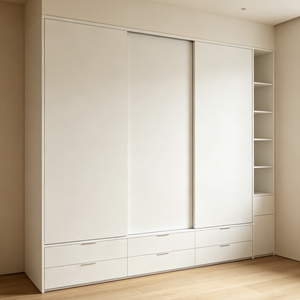 Armario Moderno con Puertas Corredizas Color Crema, Armario de Madera de Piso a Techo con Cajones, Almacenamiento para Dormitorio - Product Image 1