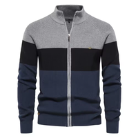 Cardigan tricoté zippé pour homme, personnalisé ODM, en nylon acrylique respirant et infroissable 240 GSM, à rayures, col montant, coupe ajustée, vente en gros