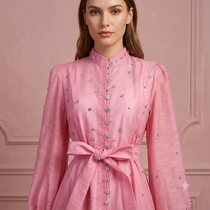 Women's Vintage Digital Printed Standing Collar Heavy Diamante <b>Maxi</b> Summer Natural Waist Ribbon Lantern Sleeve Dresses - Product Image 1