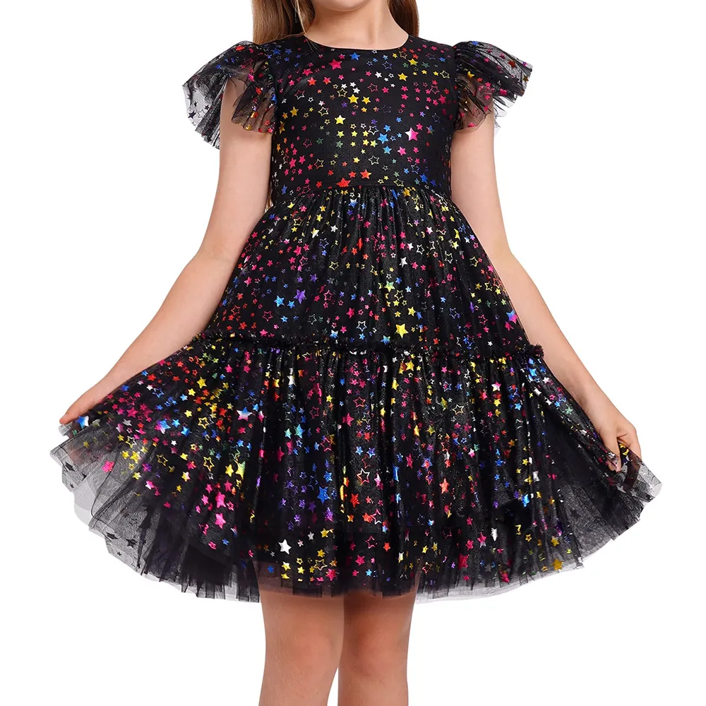 Vestido de festa infantil de tule com estrelas para meninas, vestido tutu preto com mangas palpitantes para bebês e meninas, estilo personalizado