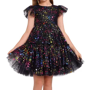 Детское вечернее платье для девочек, тюлеи со звездами, на заказ, Стильные черные платья-пачки с рукавами-пачками для девочек