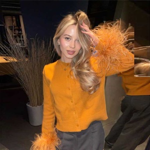 Nuovo Cardigan Lavorato a <span class=keywords><strong>Maglia</strong></span> a Maniche Lunghe in Tinta Unita per Donna con <span class=keywords><strong>Piume</strong></span> - Product Image 2