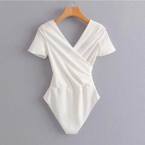 Mono de moda con cuello cruzado para mujer, camiseta de verano ajustada y sexy con espalda descubierta y manga corta - Product Image 2