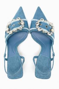 Yeni bayanlar ayakkabı lacivert toka dekore sivri burun Denim <span class=keywords><strong>Slingback</strong></span> yüksek topuklu sandalet kadınlar için topuk - Product Image 5