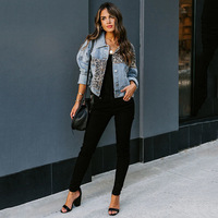 Veste denim d'automne personnalisée, manteaux d'hiver pour femmes, blousons bombardiers vintage en jean varisty léopard en patchwork pour femmes