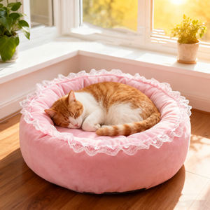 เตียงสัตว์เลี้ยงทรงกลมสีชมพูฟ้าอุ่นๆ นุ่มๆ สำหรับสุนัขและแมว ขายส่ง - Product Image 1