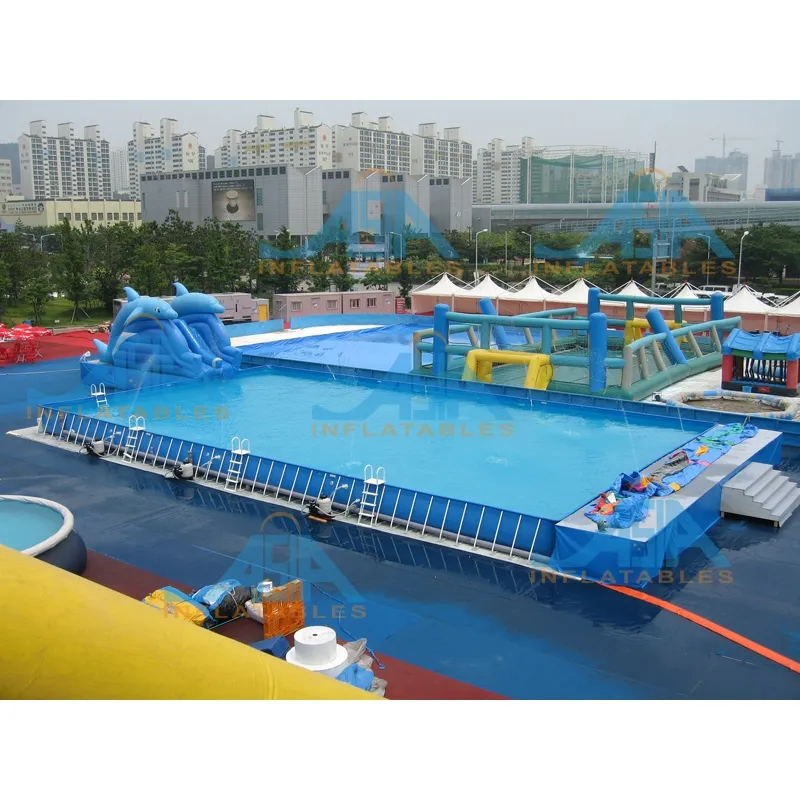 Outdoor Mobiele Duurzame Metalen Frame Pvc Opblaasbare Waterglijbaan Zwembad Voor Opblaasbare Grond Water Park