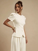 Nouvelle Blouse Élégante Femme Style Français Manches Ballon Courtes Boutonnée Coupe Droite en Polyester pour Bureau, Fête et Tenues Décontractées