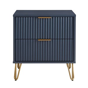 Mesita de noche en azul medianoche con patas doradas y unidad de almacenamiento con diseño acanalado - Product Image 1