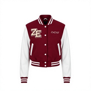 Women Crop <b>Top</b> Varsity Jacket 420 GSM Premium Cotton Polyester Fleece <b>Maroon</b> White Contrast Panel Custom Chenille Embroidery - Product Image 1