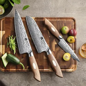 XINZUO 3 PCS AUS10 Damascus Steel Knives Walnut Wood Handle Razor Sharp Japanese Kitchen Chef Knife Set New Design