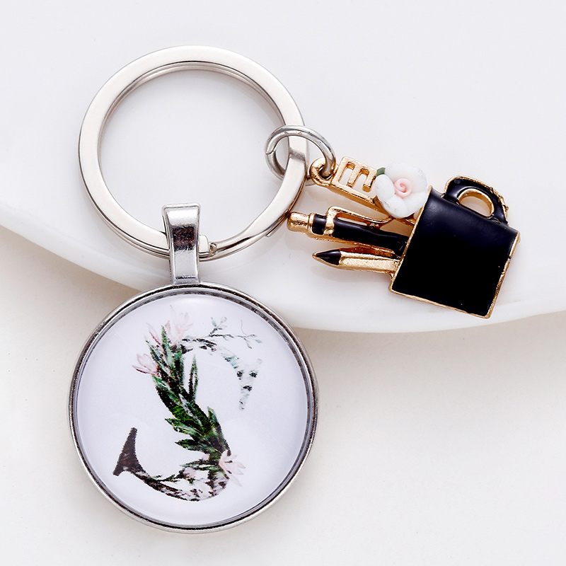 Очарование Эмаль ручка держатель День учителя подарок цепочка для ключей Выпуклое стекло круглый A-Z кулон брелок спасибо учитель для света