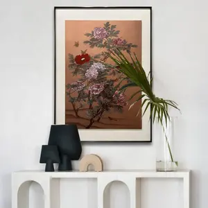 لوحة زهور صينية عتيقة جميلة, لوحة جدارية معدنية من الكتان والنحاس لتزيين الفنادق والمنازل