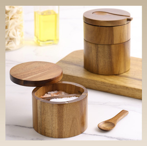 Boîte à <span class=keywords><strong>sel</strong></span> en bois d'acacia très vendue, pot à épices avec couvercle magnétique rotatif pour cuisine - Product Image 2