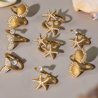 Bague ouverte en acier inoxydable plaqué or 18 carats à la mode pour femmes Searing 5A White Zircon Starfish pour mariage ou cadeau