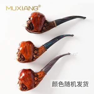 Muxiang Hand Carved Wood Tobacco Pipe Guldan Shape Dark Brown With White Horns Smoking Pipe For Men - Product Image 5