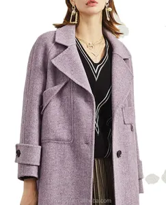 Manteau en laine double face violet, 100%, vêtement d'hiver de bonne qualité, long à revers fait à la main