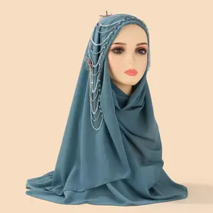 Bedrukt Parel Kwast Chiffon Hijabs Box Hanger Jurk Moslim Islamitische Kleding Hijab En Mousseline De Soie