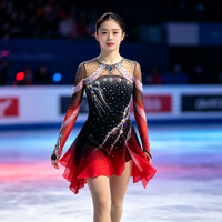 Robe de patinage artistique à col haut et manches longues, dégradé noir et rouge, avec strass en maille pour enfants et adultes, pour les compétitions sur glace