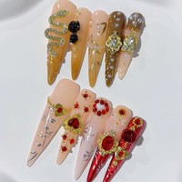 Tacana 10 pièces Faux ongles à presser faits main, longs, motif cœur, serpent doré, cristal, French, estampage 3D doré, couverture complète