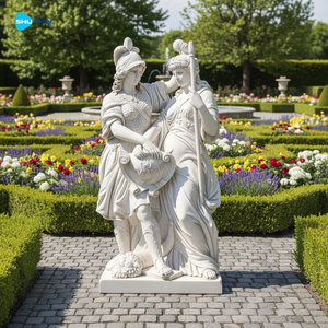 Statua di guerriera in marmo naturale puro scolpita a mano con scudo e compagna, scultura da esterno per giardini - Product Image 1