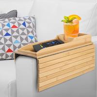 Plateau d'accoudoir de canapé pliable antidérapant en bambou avec porte-gobelet pour salon, design moderne, rangement pour téléphone portable et collations