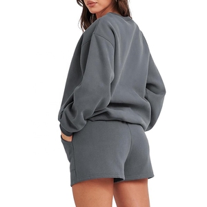 Más tamaño Rib Cuffed Fleece Crew Neck sudadera pantalones cortos conjunto en blanco personalizado mujeres chándal conjunto con logotipo - Product Image 2