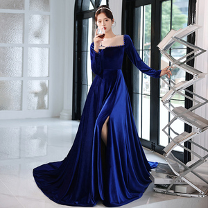 designer blue dresses Dark Blue Velvet Midi Dress – GUNTINA main image 0
