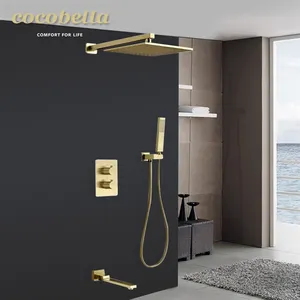 COCOBELLA Bathroom Luxury Brass Brushed Gold 10 Inch Wall Mount Rainfall Shower System Mixer With Body Jets Set