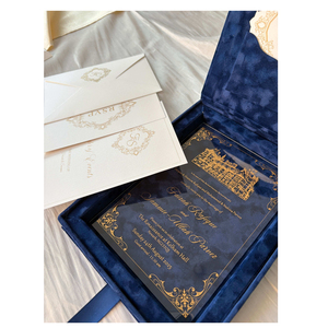 豪華なロイヤルブルーの結婚式招待箱新しい到着カスタムロゴベルベットポケット金箔アクリル結婚式招待紙工芸品 - Product Image 1