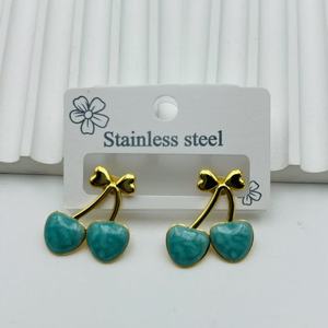Hot-selling Oil-drop Style Cherry Simulated Sweet 18k Gold Stainless Steel <b>Red</b> Green <b>Earrings</b> Wholesale - Product Image 4