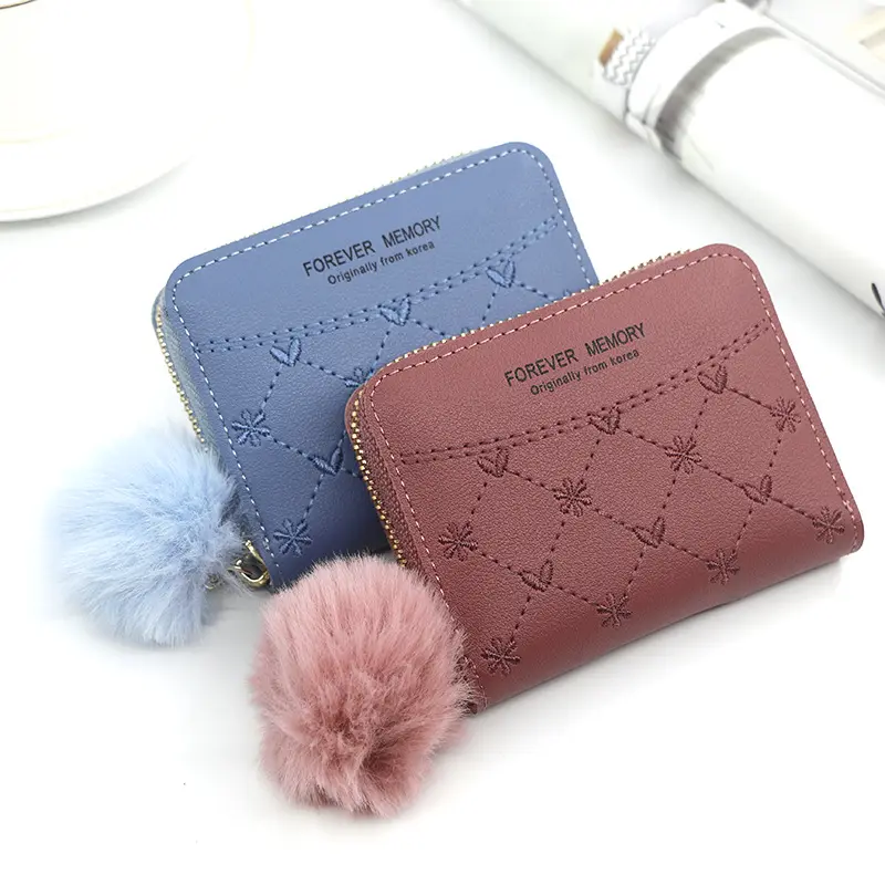 Wholesale Quality Embroidered Small Wallet With Hairball Cute Coin Mini Zipper Multi-Card Large Capacity Purse For Women