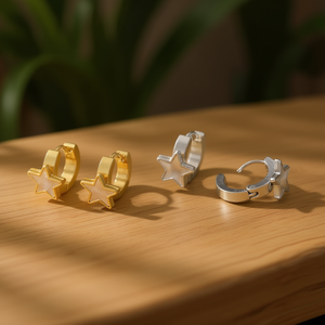 <b>Hoop</b> <b>Earrings</b> With Star Shell Design Acero <b>6mm</b> Gold Silver Unisex Everyday Wear - Product Image 3