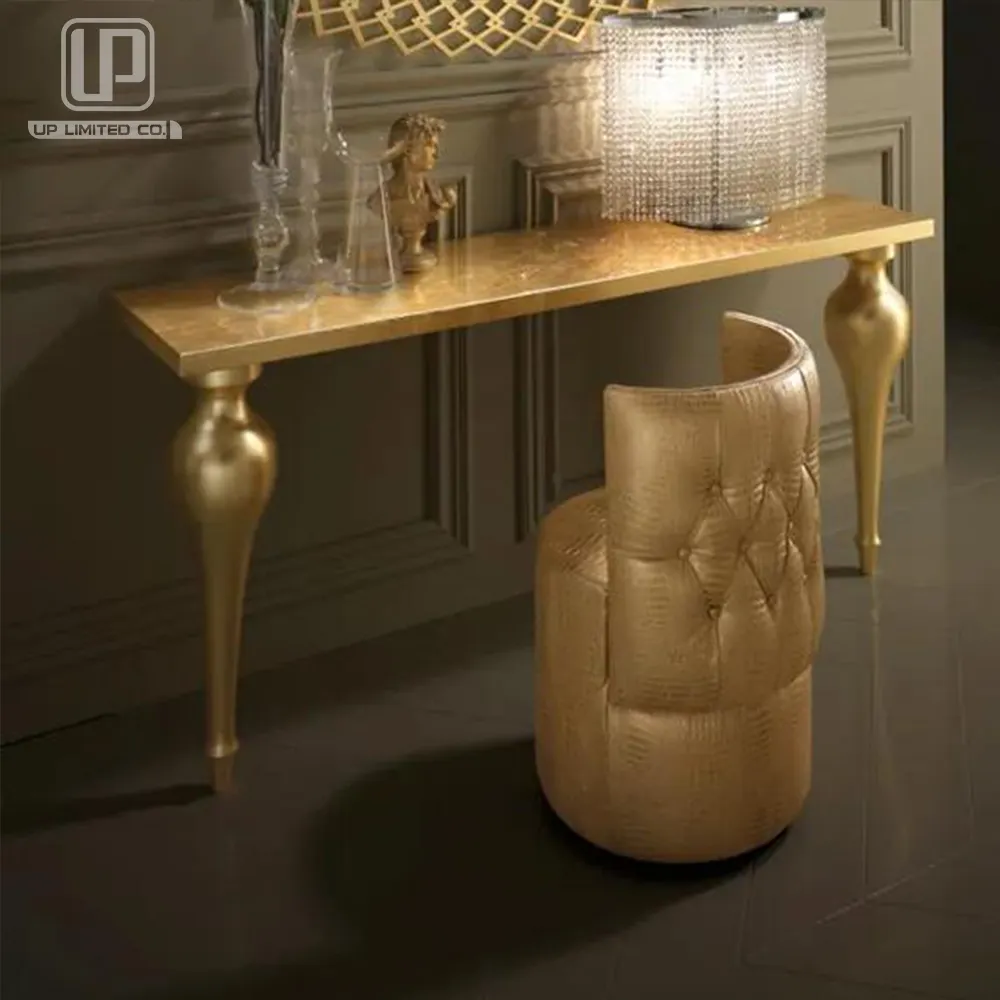 Mesa de consola montada en la pared de lujo, consola de hoja dorada para Villa, muebles, decoración