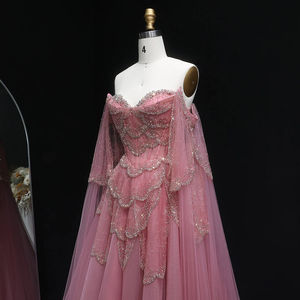 Jancember Lsz215 Luxe Roze A Line Off Shoulder Cape Mouw Kralen Tule <span class=keywords><strong>Prom</strong></span> Dress - Product Image 4