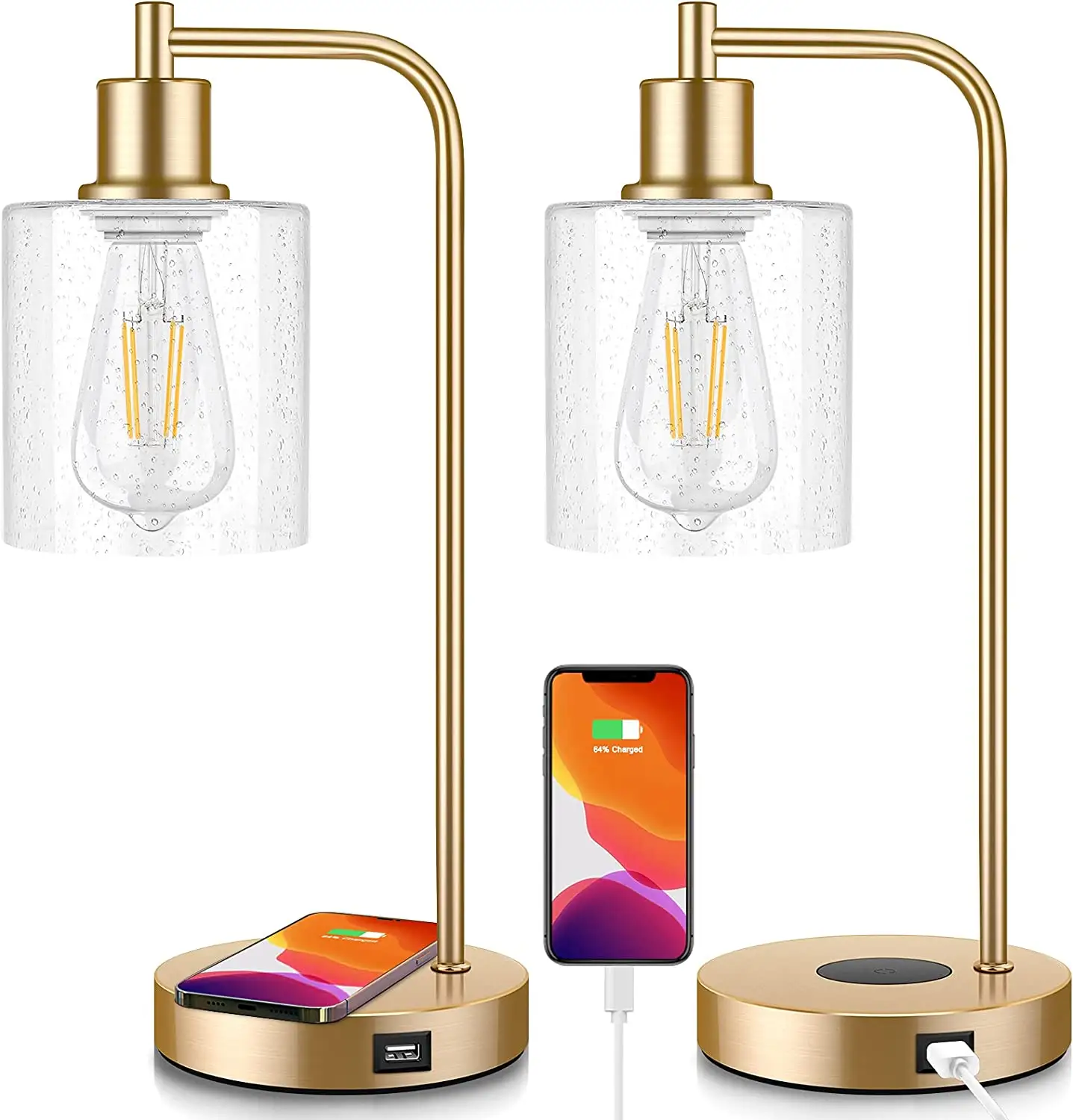 Wireless Charging Industrial Gold Table Lamps Touch Control Dimmable Desk Lamp with USB Port Hanging Seeded Glass Shade