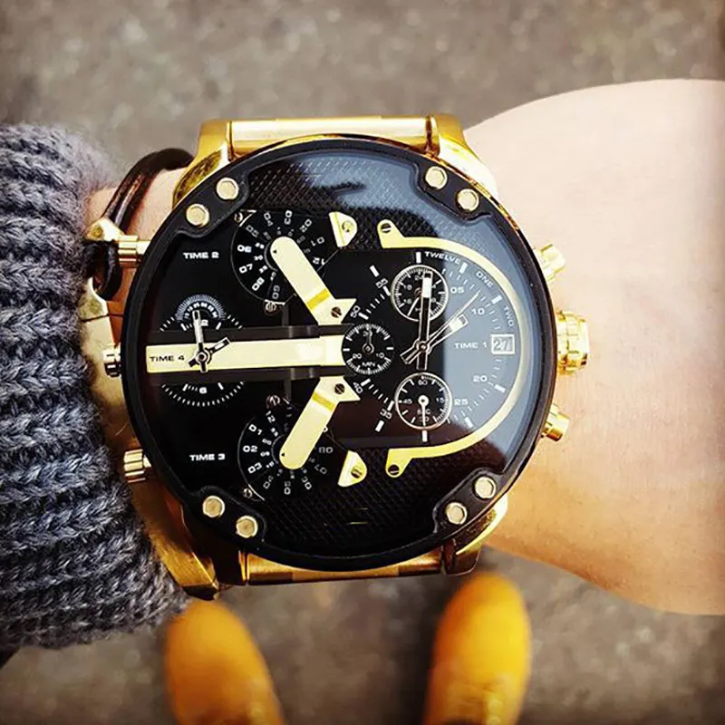 Men's Watches Men Fashion Quartz Wristwatches Cool Big Case Golden Steel Leather Watchband